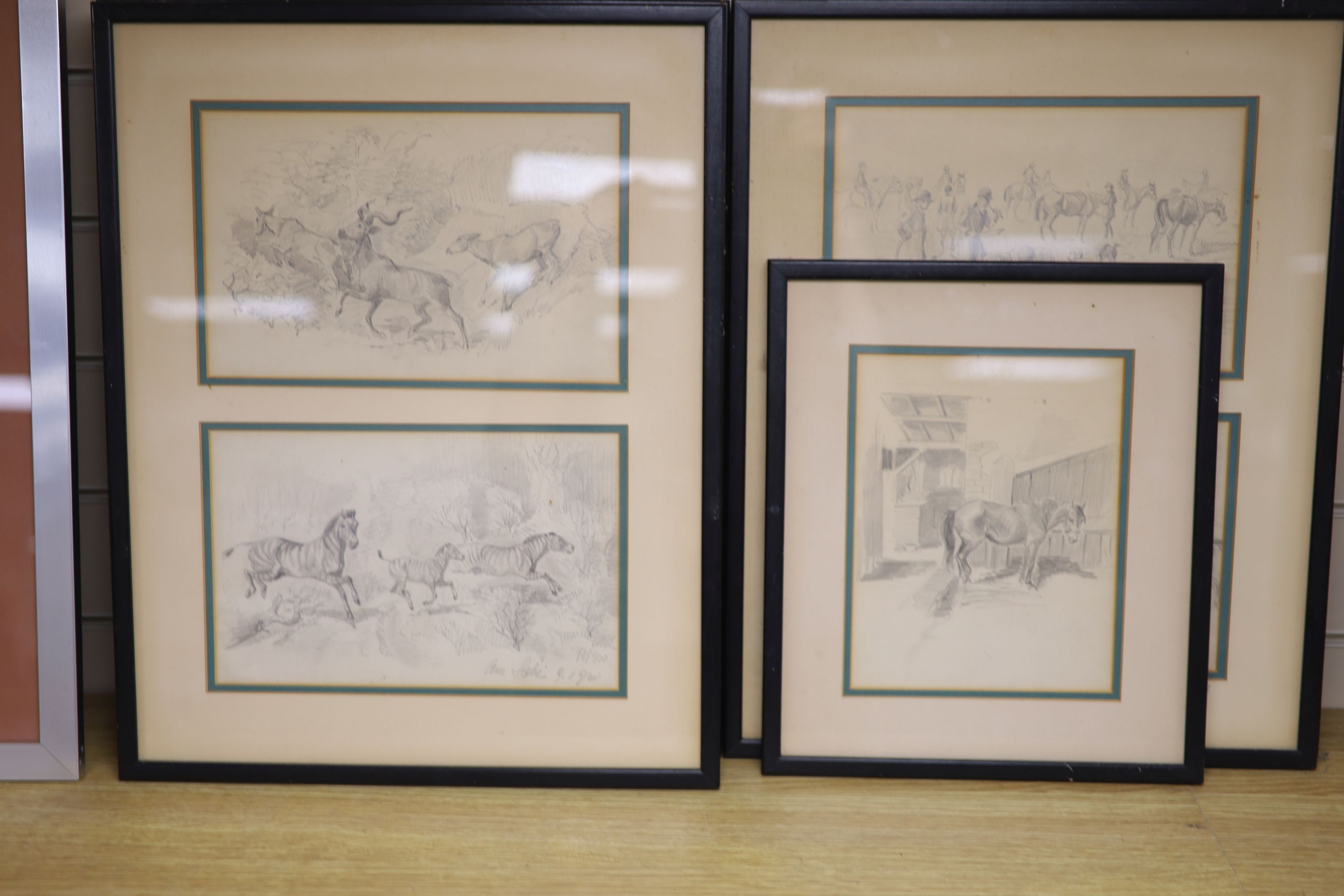 Baron Fritz Weber (d.1931), thirteen pencil drawings, Equestrian subject, 17 x 27cm, in six frames